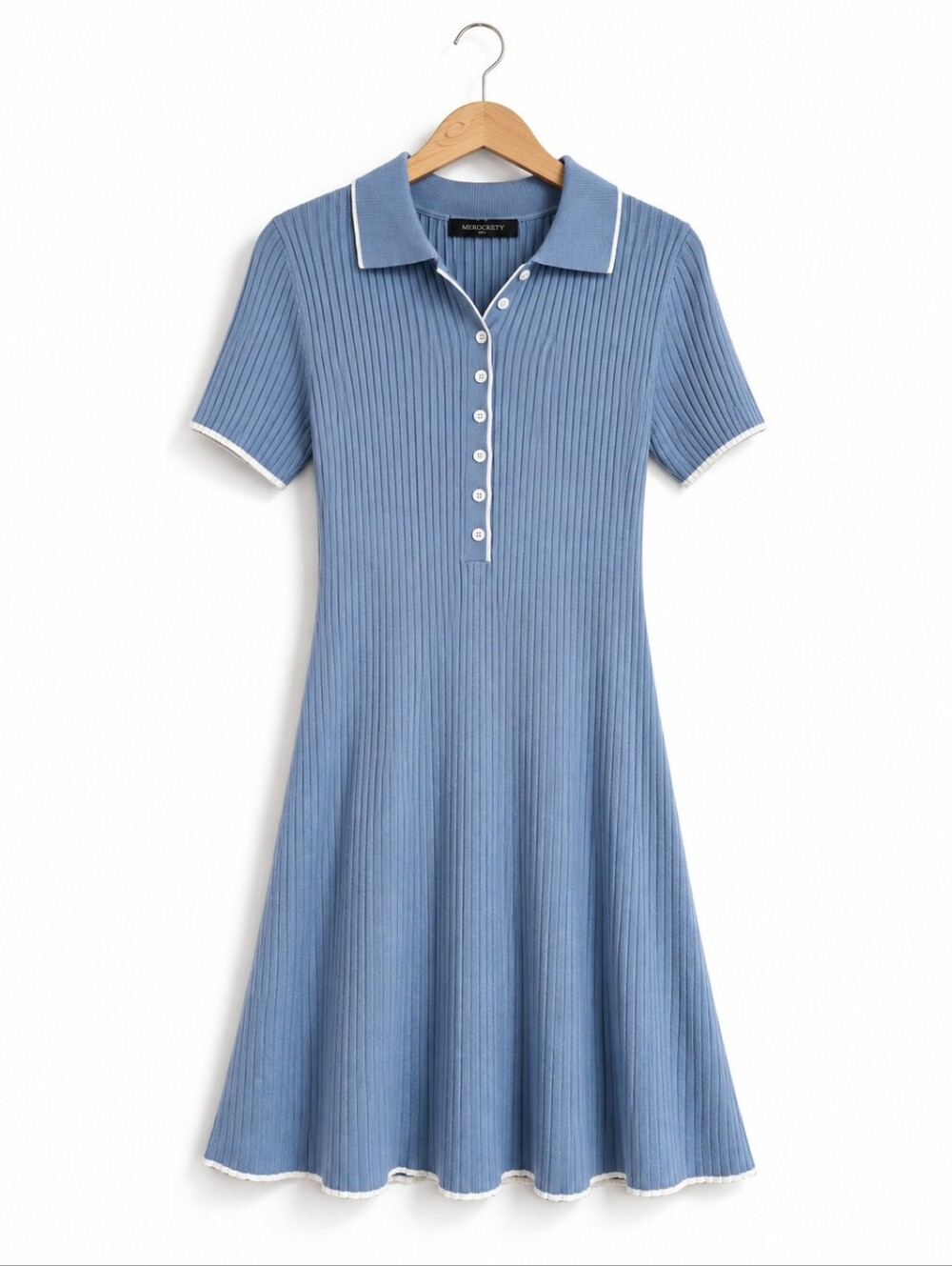 Blue Ribbed Knit Dress White Trim Collared Flare Midi Maxi Coastal Preppy - Picture 8 of 8